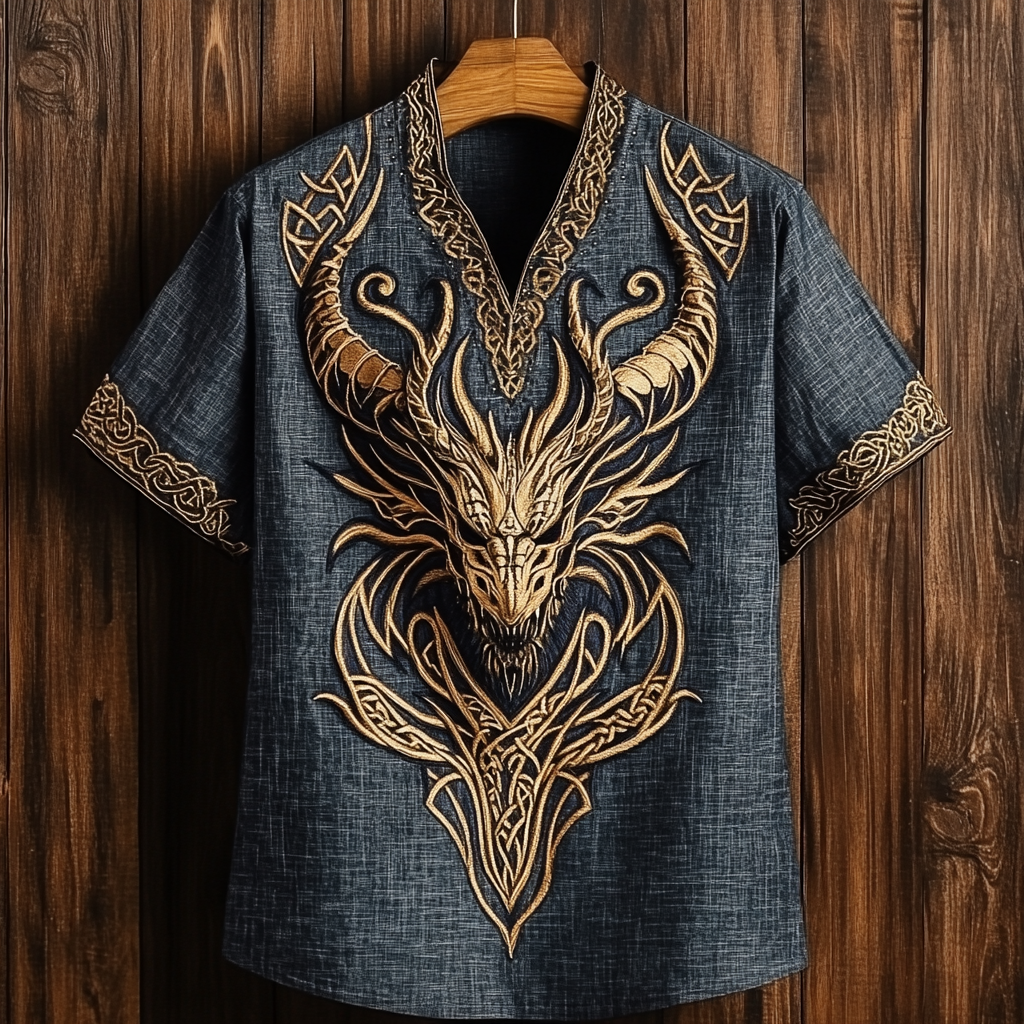 Men's Tribal Viking Dragon Celtic Art Linen V-neck T Shirt elevenforest