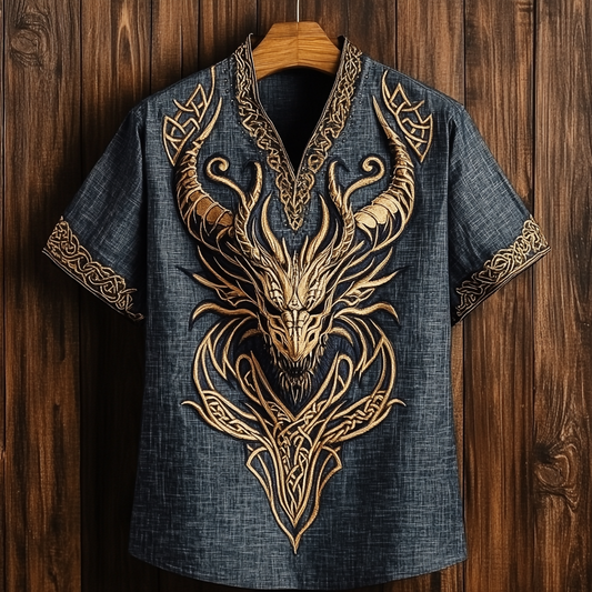 Men's Tribal Viking Dragon Celtic Art Linen V-neck T Shirt elevenforest