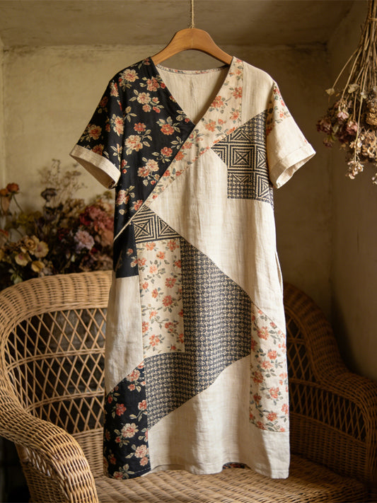 Comstylish Vintage Japanese Floral Geometric Patchwork Women's Linen Short Sleeve Maxi Dress