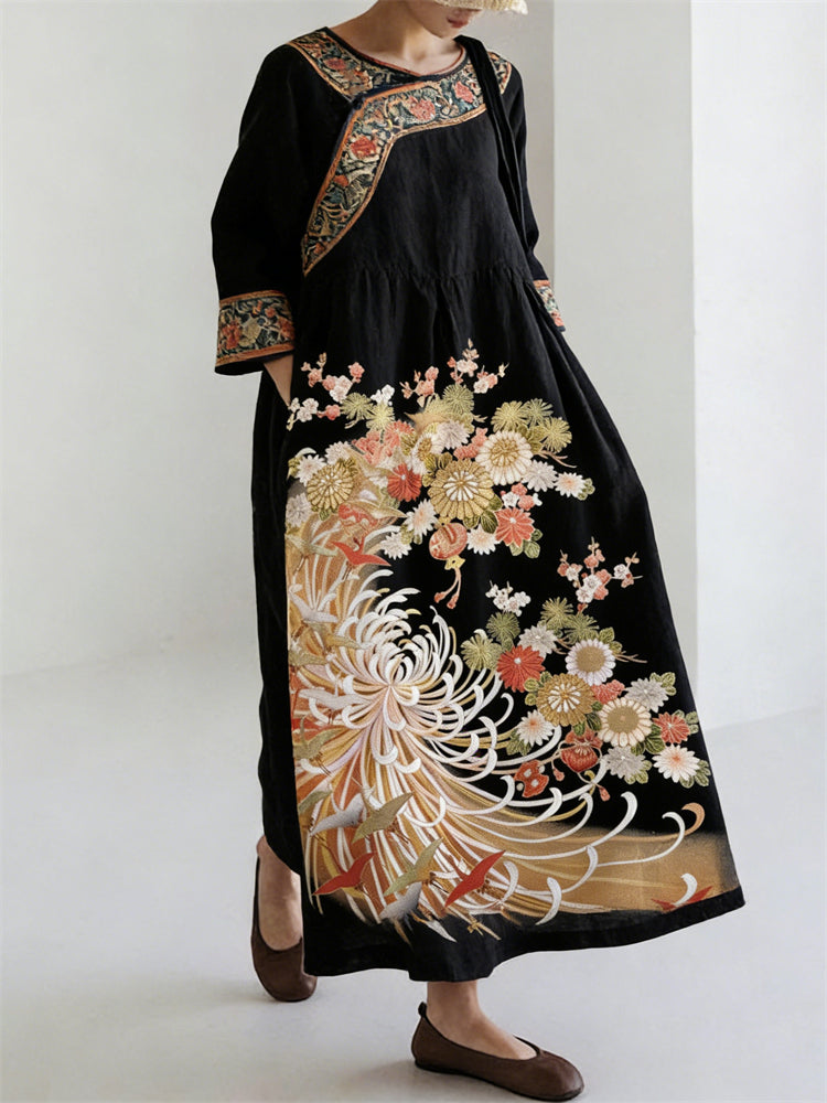 Comstylish Japanese Chrysanthemum Floral Art Ethnic Linen Maxi Dress