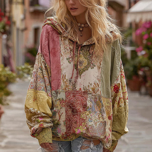 Women's Bohemian Floral Patchwork Cozy Warm Hoodie elevenforest