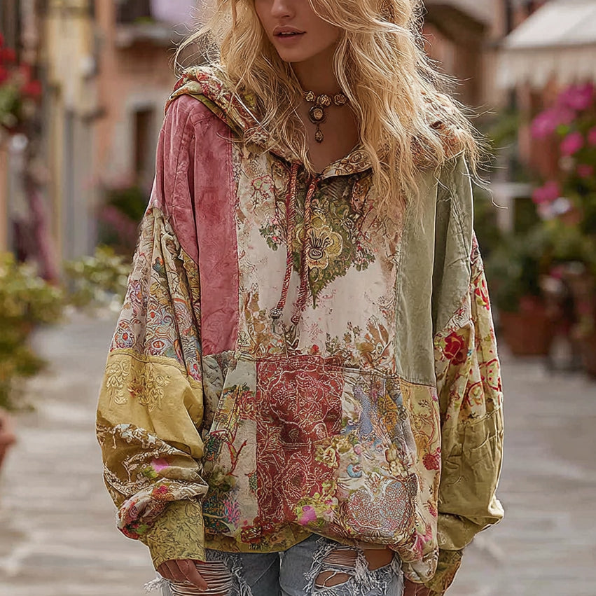 Women's Bohemian Floral Patchwork Cozy Warm Hoodie elevenforest