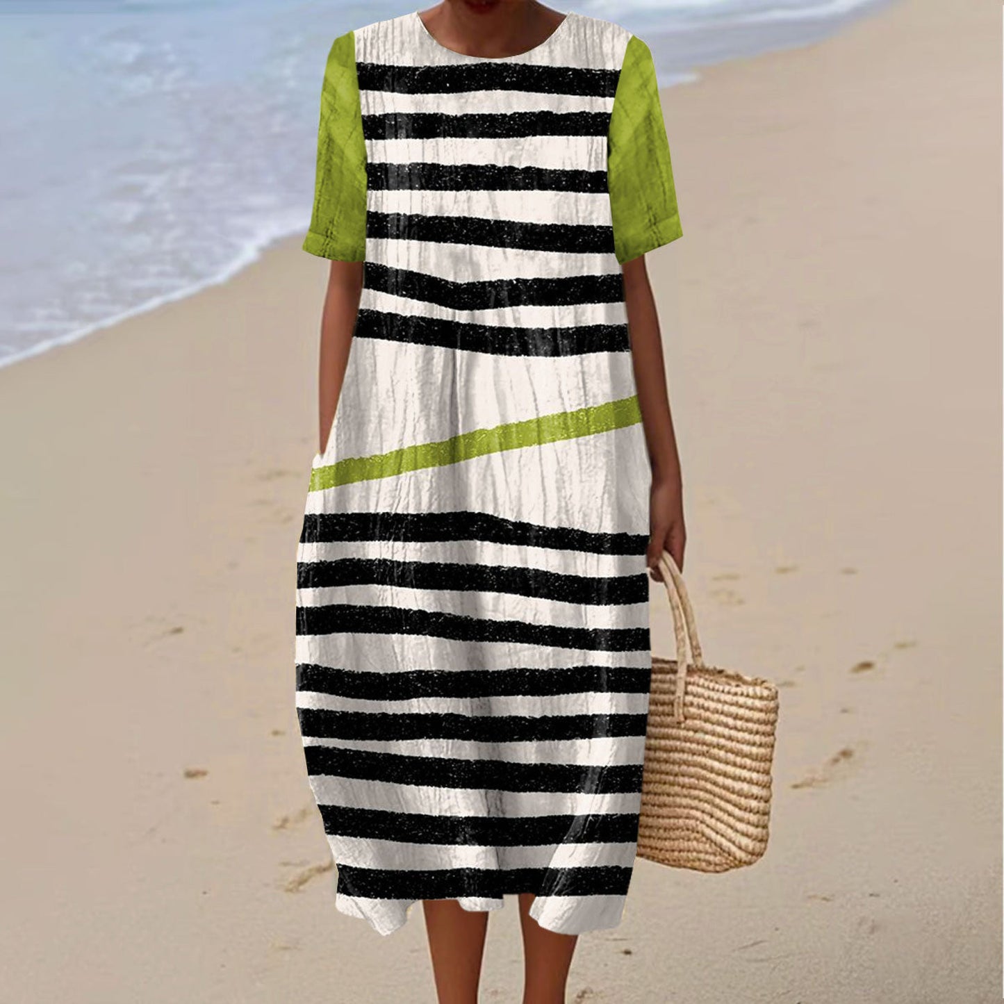 Comstylish Women's Retro Irregular Stripe Art Print Casual Dress