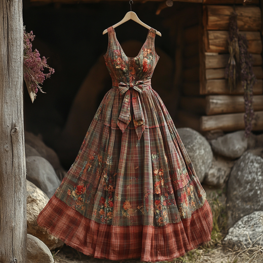 Women's Retro Floral Plaid Stitching Design Cotton And Linen Sleeveless Dress elevenforest