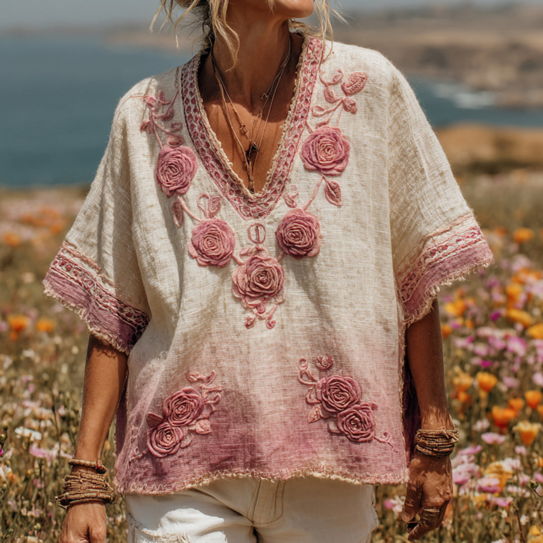 Women's Pink Rose Embroidery Print V-neck Linen Blend Loose T-shirt elevenforest