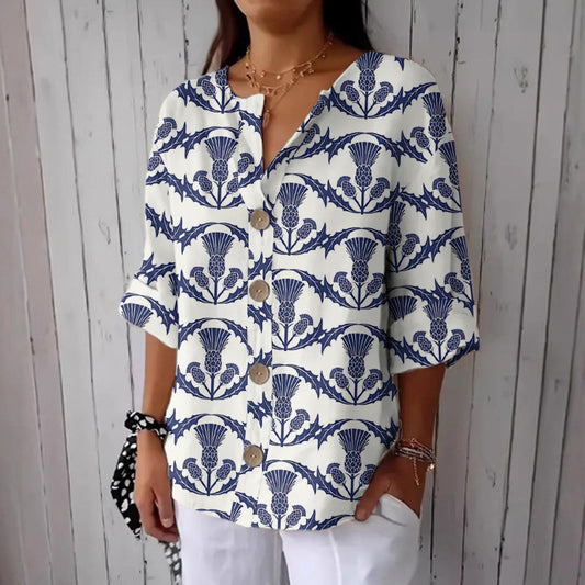 Comstylish Women's Scottish Thistle Print Button Down Shirt