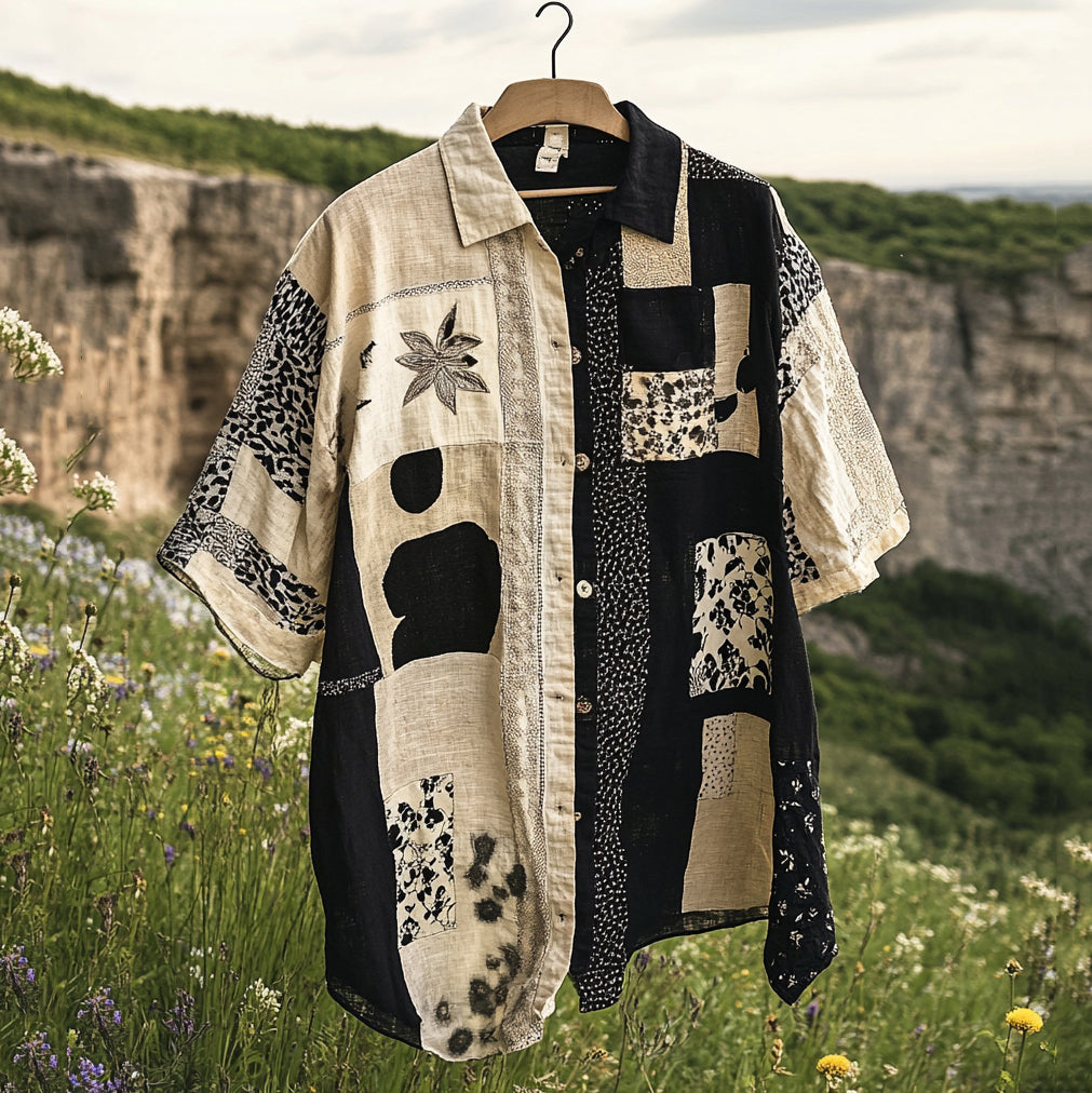 Men's Retro Patchwork Contrast Color Linen Shirt elevenforest