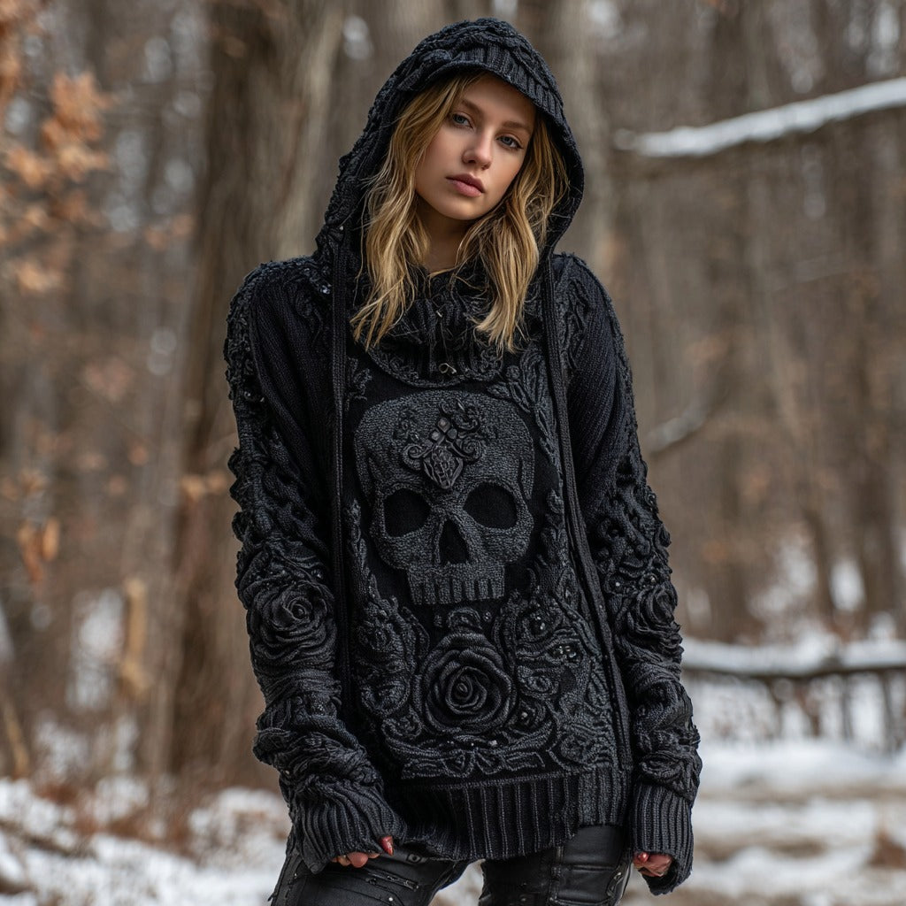 Women's Vintage Celtic Knot Skull And Roses Knitted Hooded Sweater elevenforest