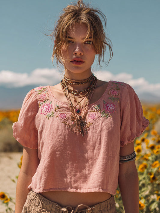 Women's Vintage Pink Floral Art Embroidery Linen T-shirt elevenforest