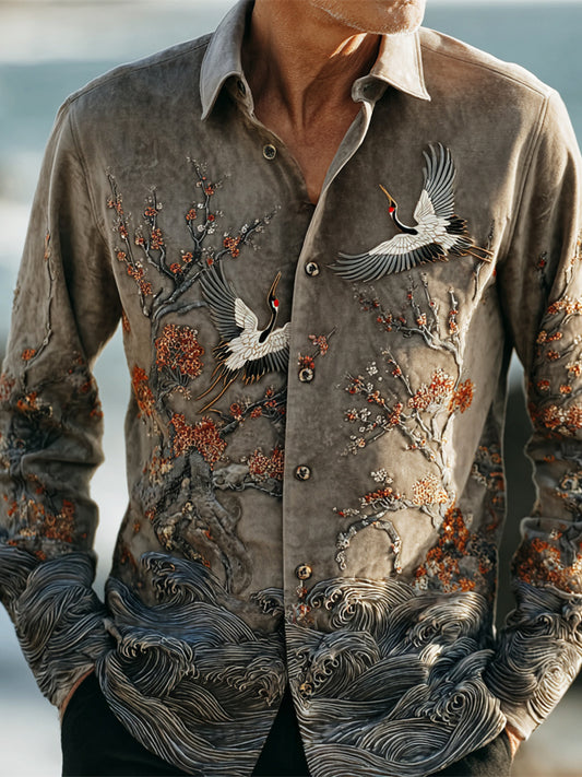 Vintage Japanese Floral Embroidery Men's Linen Long Sleeve Shirt elevenforest