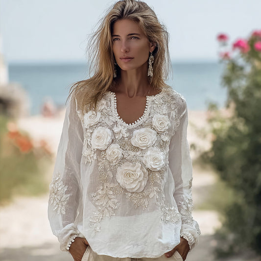 Ladies' French-style Romantic Flower Sequin White V-neck Casual Vintage Long-sleeved Top elevenforest