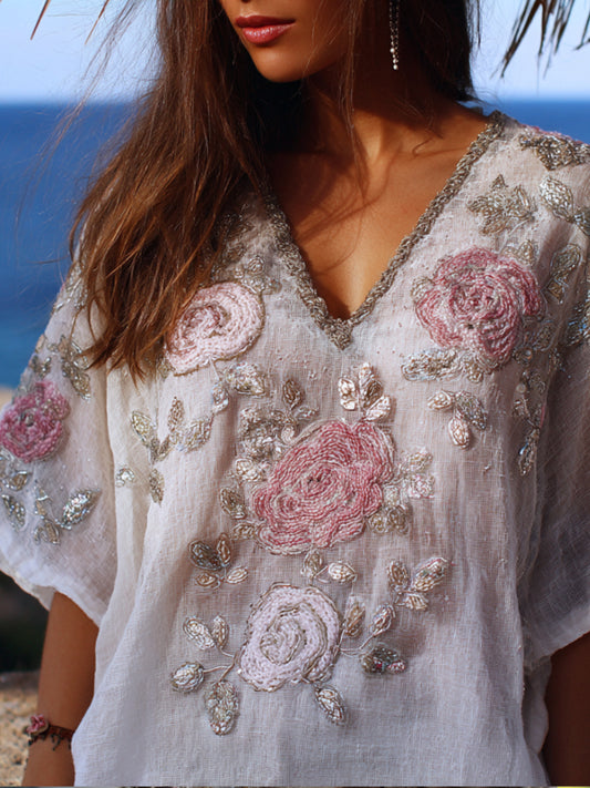 Ladies' Vintage Embroidery Flower Retro Lightweight Short Sleeved Top elevenforest