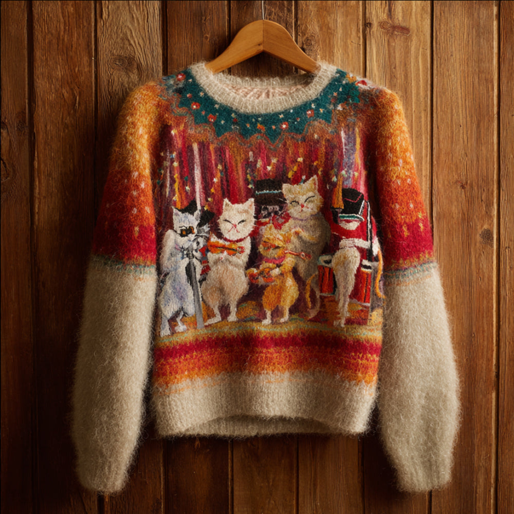 Comstylish Cat Cat Band Flannel Crew Neck Sweater