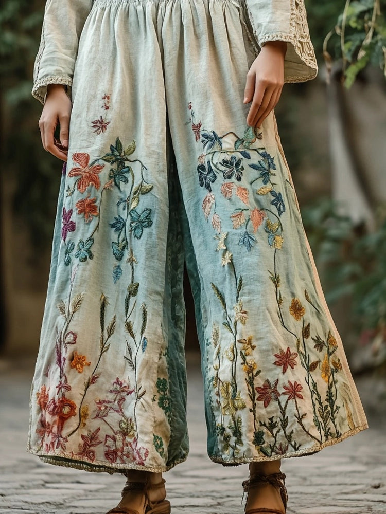 Retro Boho Floral Embroidered Gradient Linen Pants elevenforest