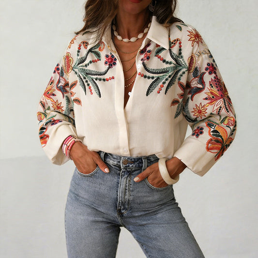 Comstylish Women's Retro Floral Embroidered Collar Shirt