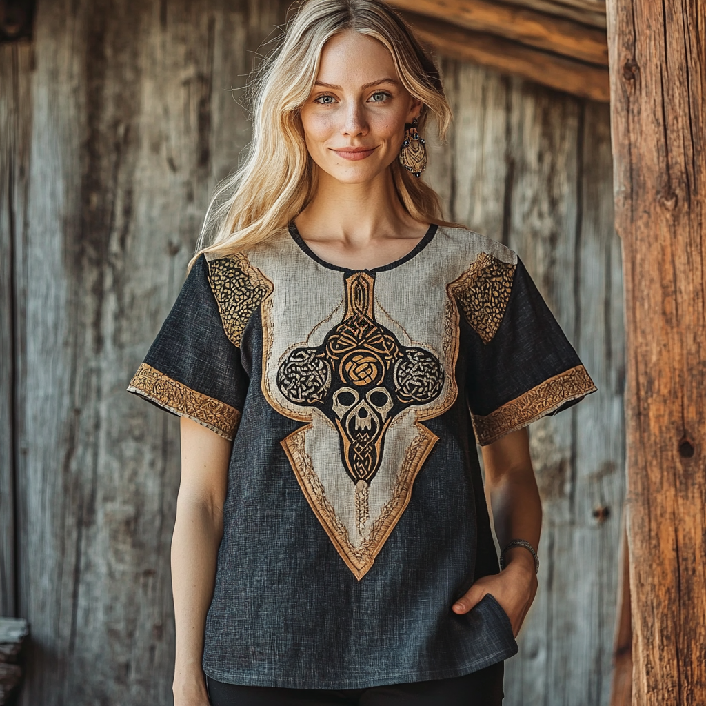 Women's Viking Skull Celtic Knot Art Linen T-shirt elevenforest