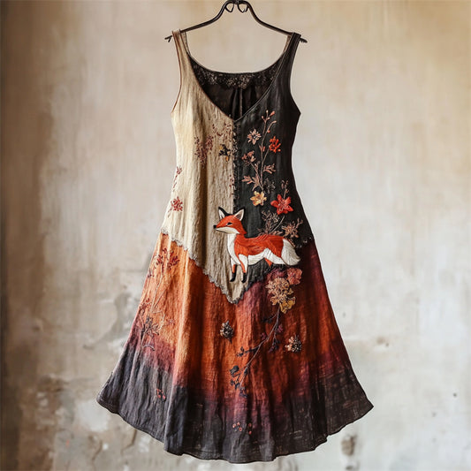 Vintage Fox Floral Embroidered Gradient Patchwork Linen Dress elevenforest