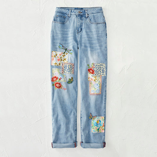 Vintage Floral Dragonfly Patch Embroidery Art Design Jeans elevenforest