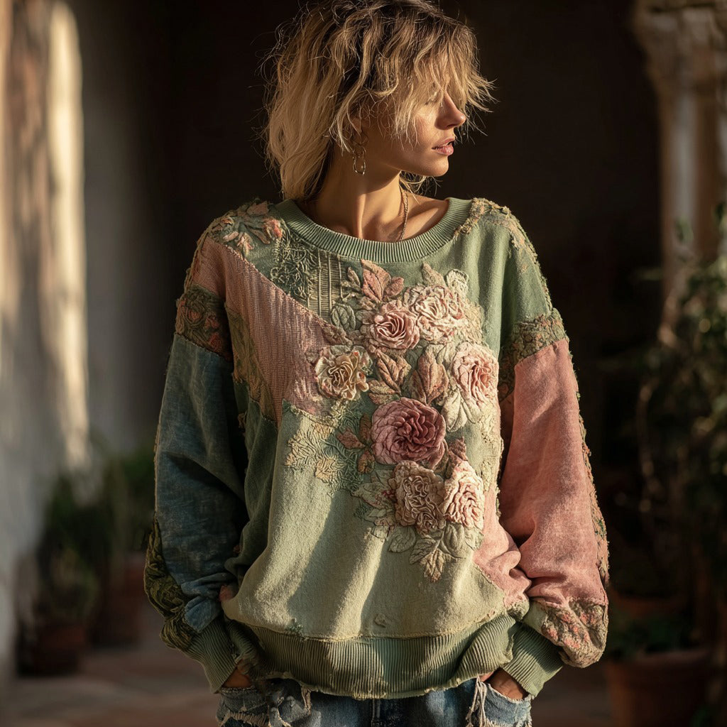 Women's Vintage Floral Art Patchwork Crew Neck Sweatshirt elevenforest