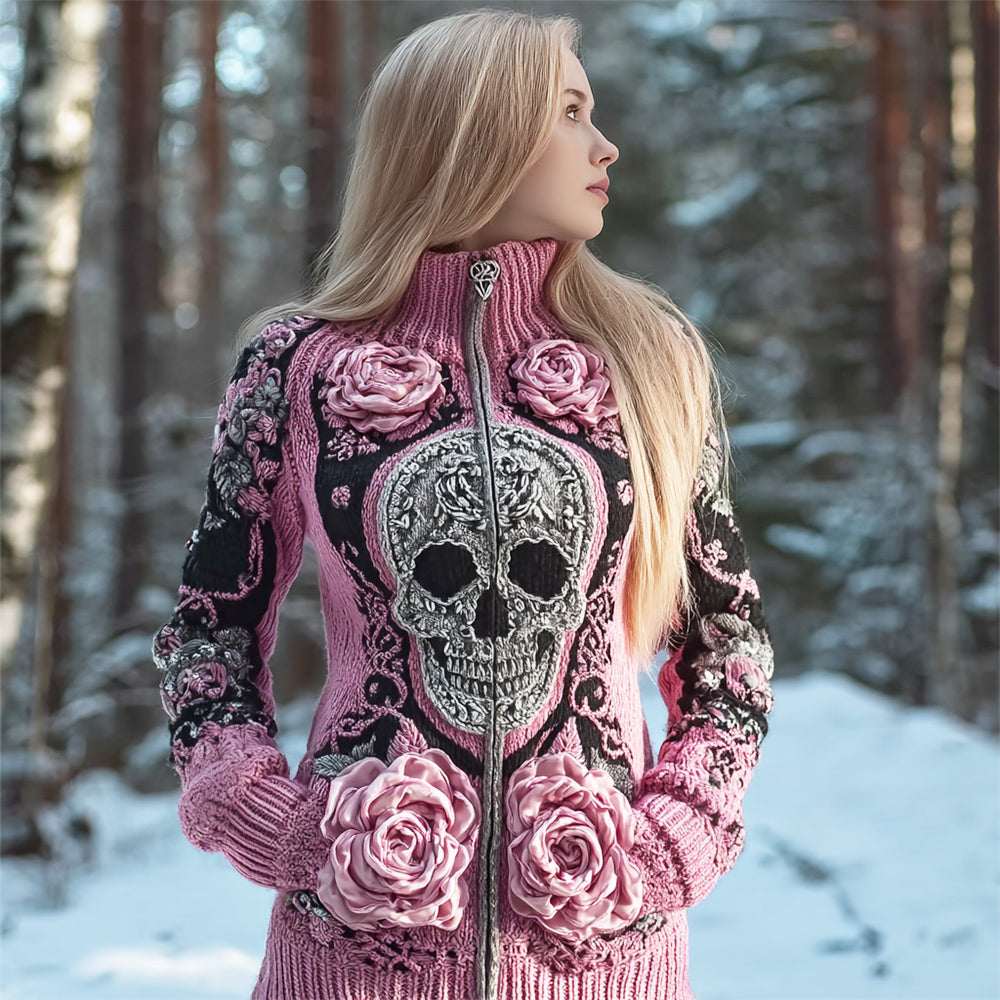 Skull & 3d Floral Art Women's Chunky Knit Zipper Sweater elevenforest