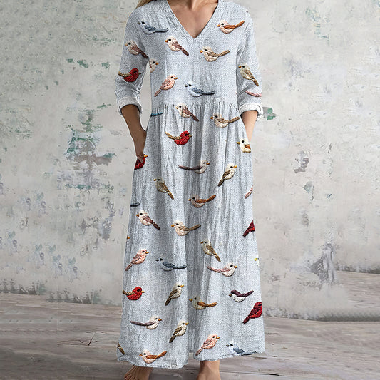 Women's Vintage Bohemian Birds Embroidered Dress elevenforest