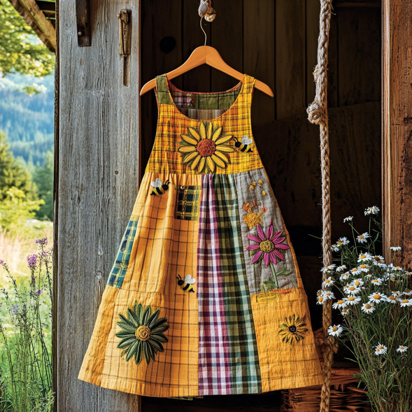 Vintage Sunshine Floral With Bees In Plaid Embroidered Cozy Linen Midi Dress elevenforest