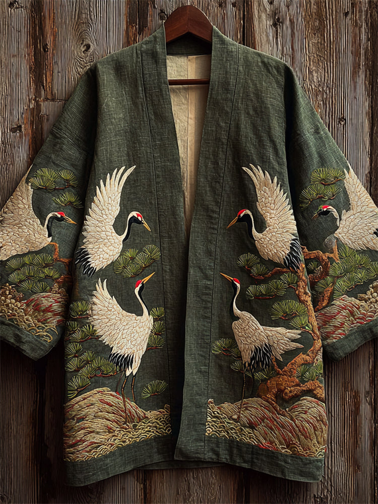 Japanese Cranes & Pine Trees Embroidered Linen Kimono Cardigan elevenforest