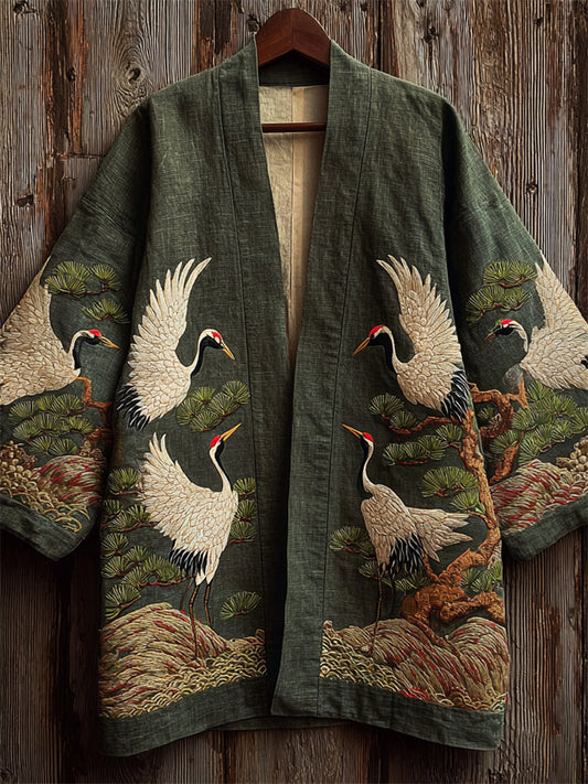 Japanese Cranes & Pine Trees Embroidered Linen Kimono Cardigan elevenforest