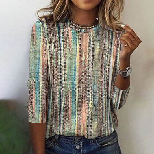 Comstylish Women's Stripe Art Print Round Neck Long Sleeve T-shirt