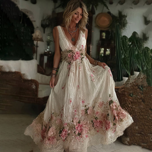 Vintage Floral Art Embroidered Linen Sleeveless Maxi Dress elevenforest