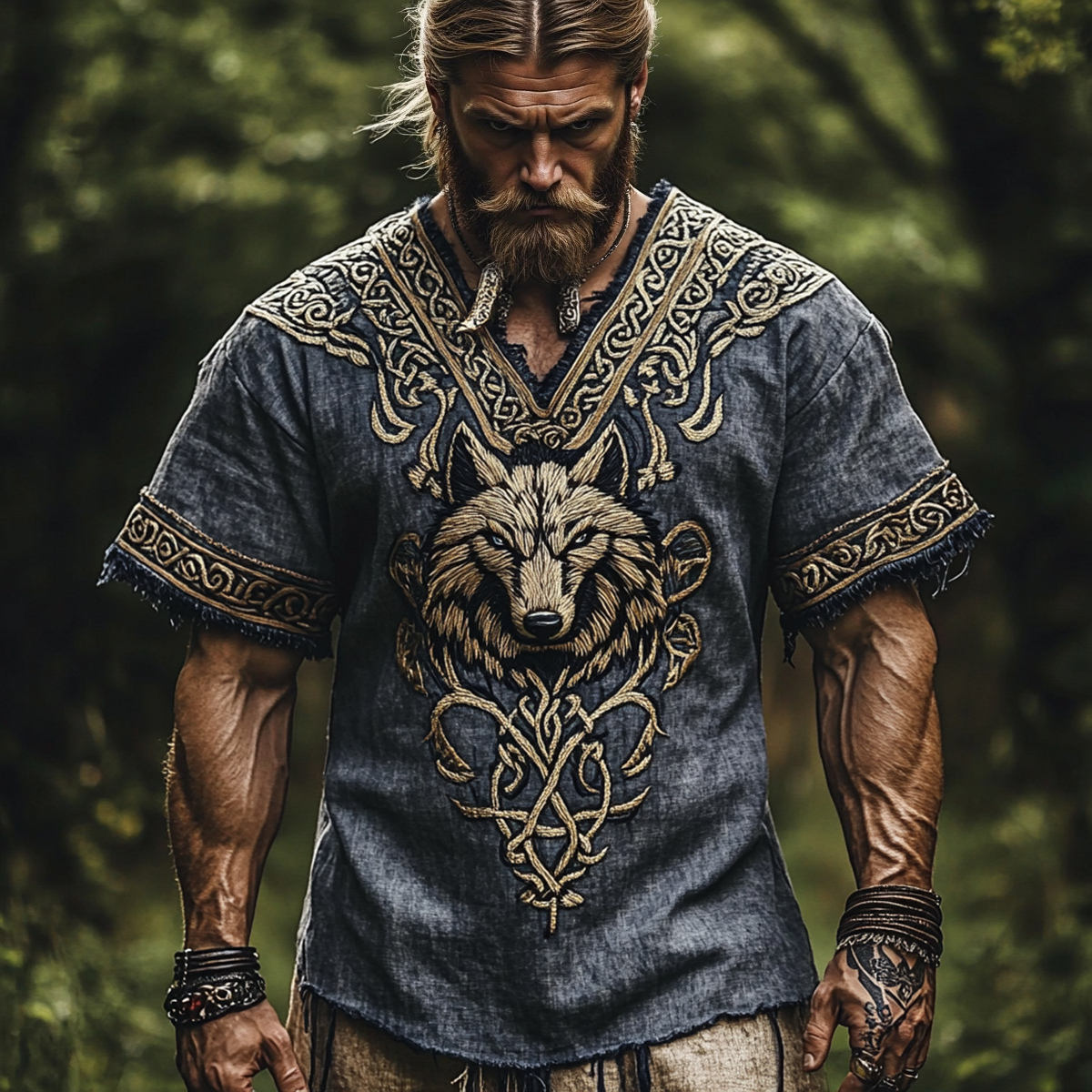Vintage Viking Wolf Celtic Knot V-neck Linen T Shirt elevenforest