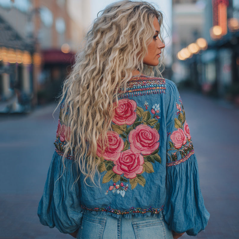 Vintage Pink Roses Embroidered Linen Blend T-shirt elevenforest
