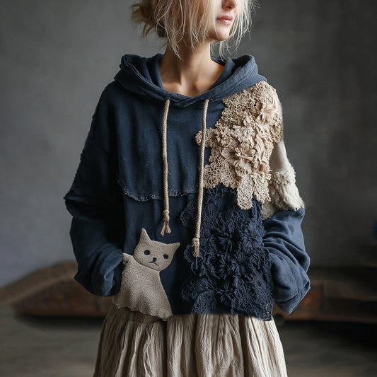 Vintage Boho Floral And Cute Cat Embroidered Patchwork Casual Hoodie
