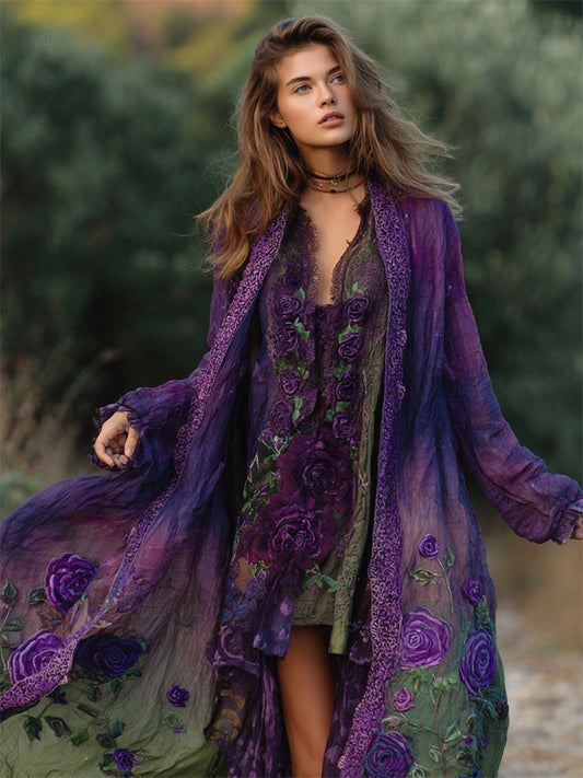 Vintage Purple Roses Embroidered Dyed Flowy Linen Cardigan elevenforest