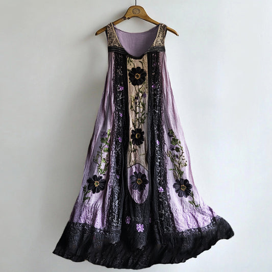 Classy Dark Floral Lace Patchwork Linen Tank Dress elevenforest