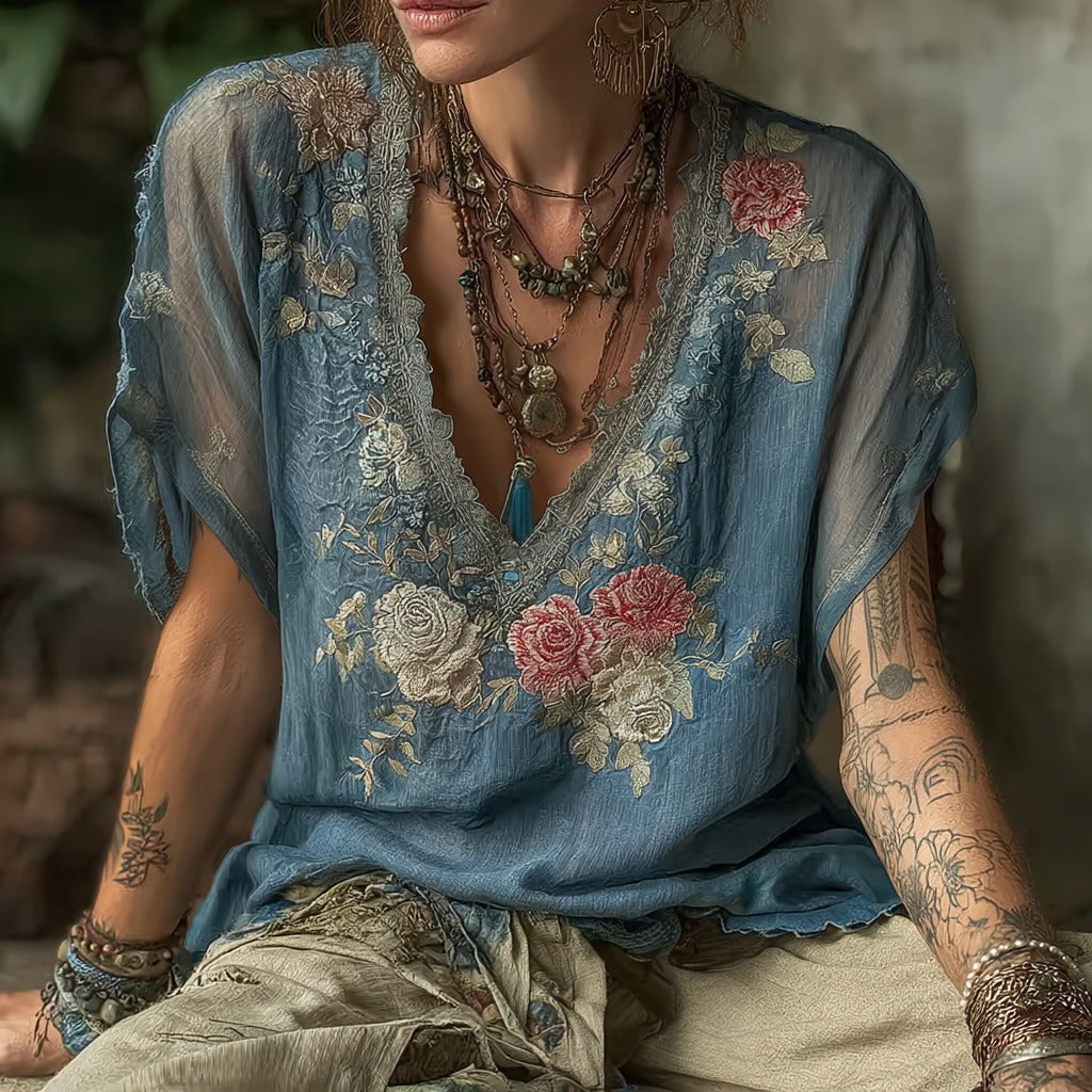 Women's Vintage Floral Embroidery V-neck T-shirt elevenforest