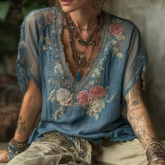 Women's Vintage Floral Embroidery V-neck T-shirt elevenforest