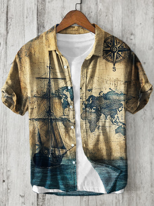 Men's Vintage Ship Navigation Map Beach Linen Shirt elevenforest