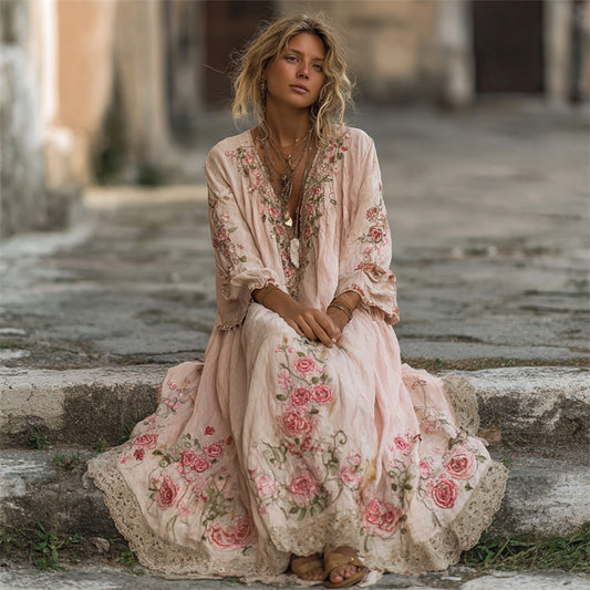 Vintage Pink Roses Vines Embroidered Linen Maxi Dress elevenforest