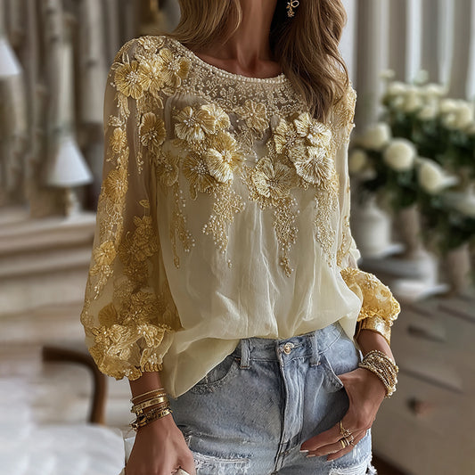 Women's Classic Bohemian Yellow Floral And Gold Roses Embroidery Art  Linen Blend Round Neck T-shirt elevenforest