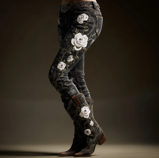 Bohemian Style Women's Plant Flower Embroidery Loose Fit Wide Leg Straight Leg Denim Long Pants elevenforest