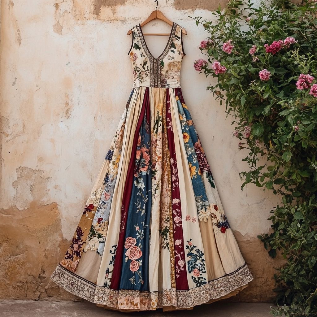 Women's Vintage Floral Patchwork V-neck Midi Dress elevenforest