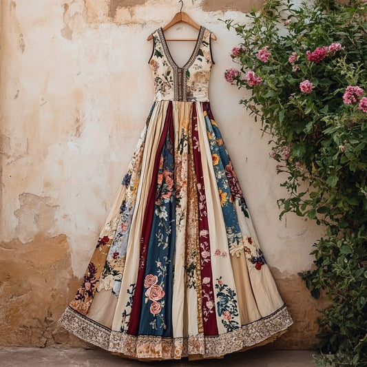 Women's Vintage Floral Patchwork V-neck Midi Dress elevenforest