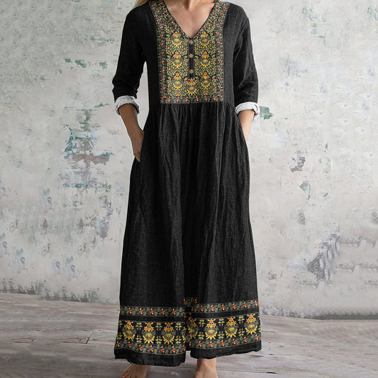 Women's Vintage Tribal Embroidered Casual Linen Dress elevenforest