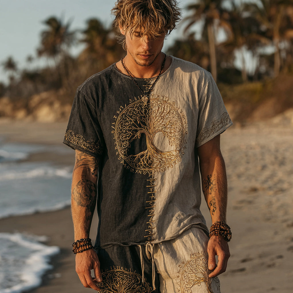 Men's Viking Tribal And Tree Of Life Embroidered Linen T-shirt elevenforest
