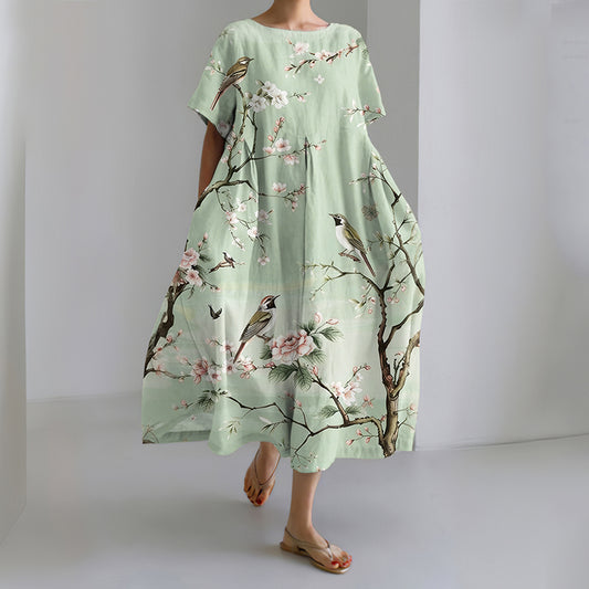 Women's Casual Japanese Floral And Bird Art Print Dress elevenforest