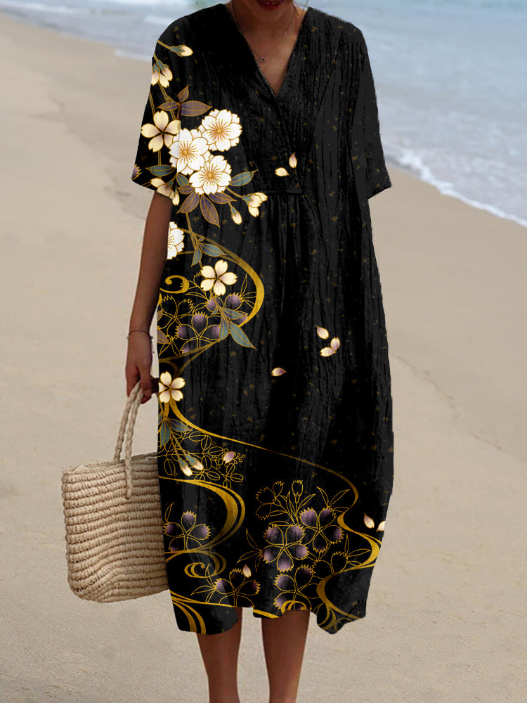 Japanese Cherry Blossoms Art Linen Blend Midi Dress