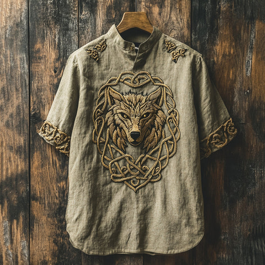 Men's Viking Celtic Knot Wolf Head Linen Shirt elevenforest