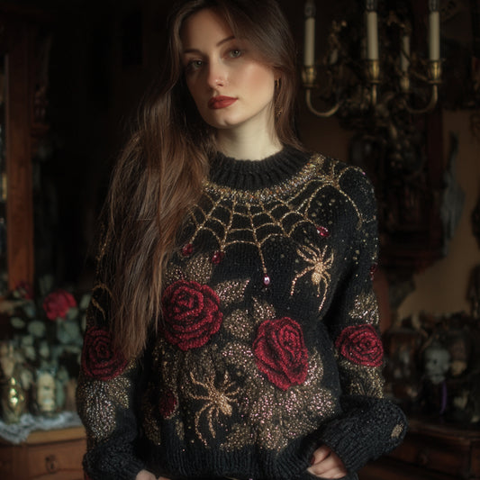 Halloween Antique Spider And Red Rose Vintage Round Neck Sweater elevenforest