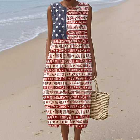 Women's Independence Day Printed Cotton Linen Dress elevenforest